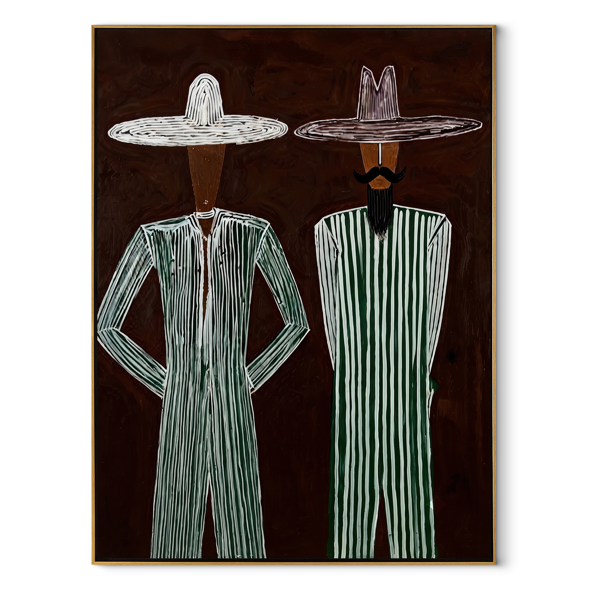 Green Stripes Stand Apart - green stripe standing pair painting by Adrian Lee, mid-century modern vertical wall art – wood frame on white background