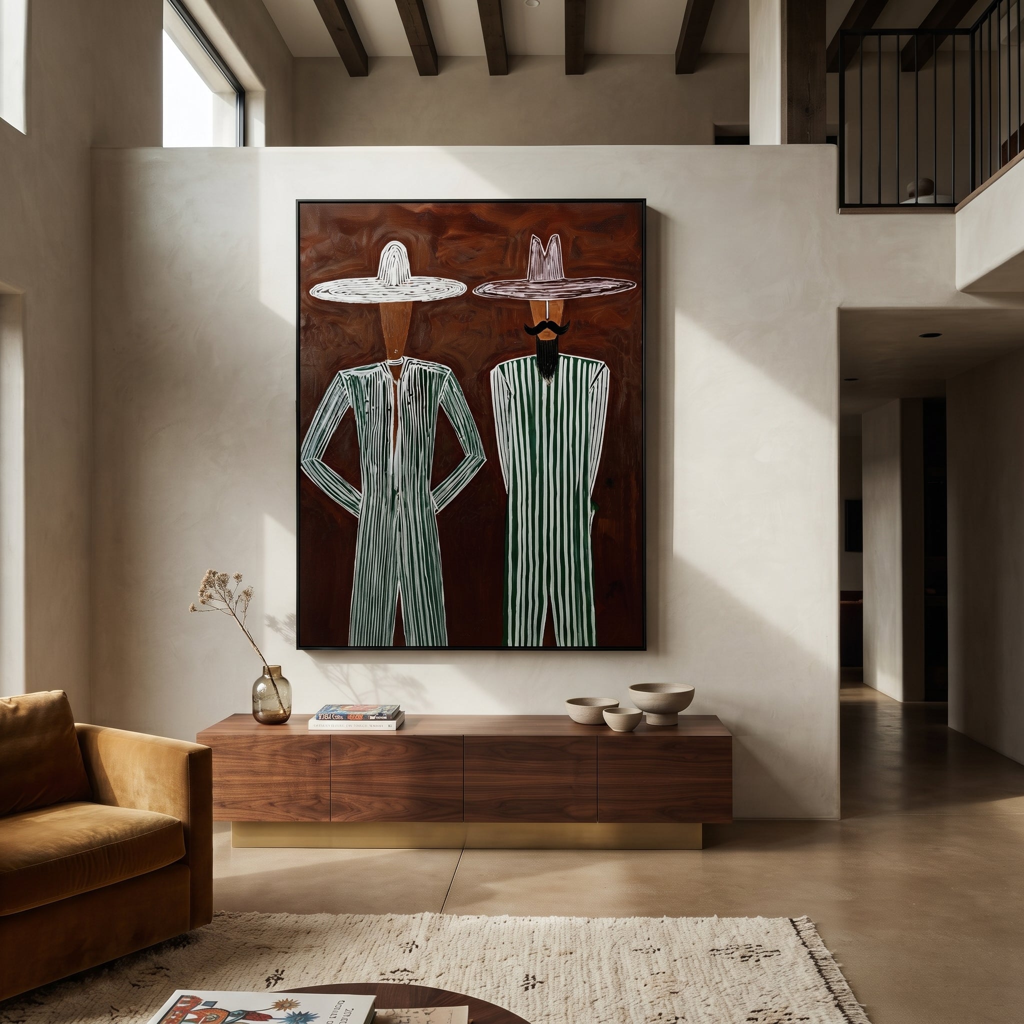 Green Stripes Stand Apart - green stripe standing pair painting by Adrian Lee, mid-century modern vertical wall art – styled room scene view 2