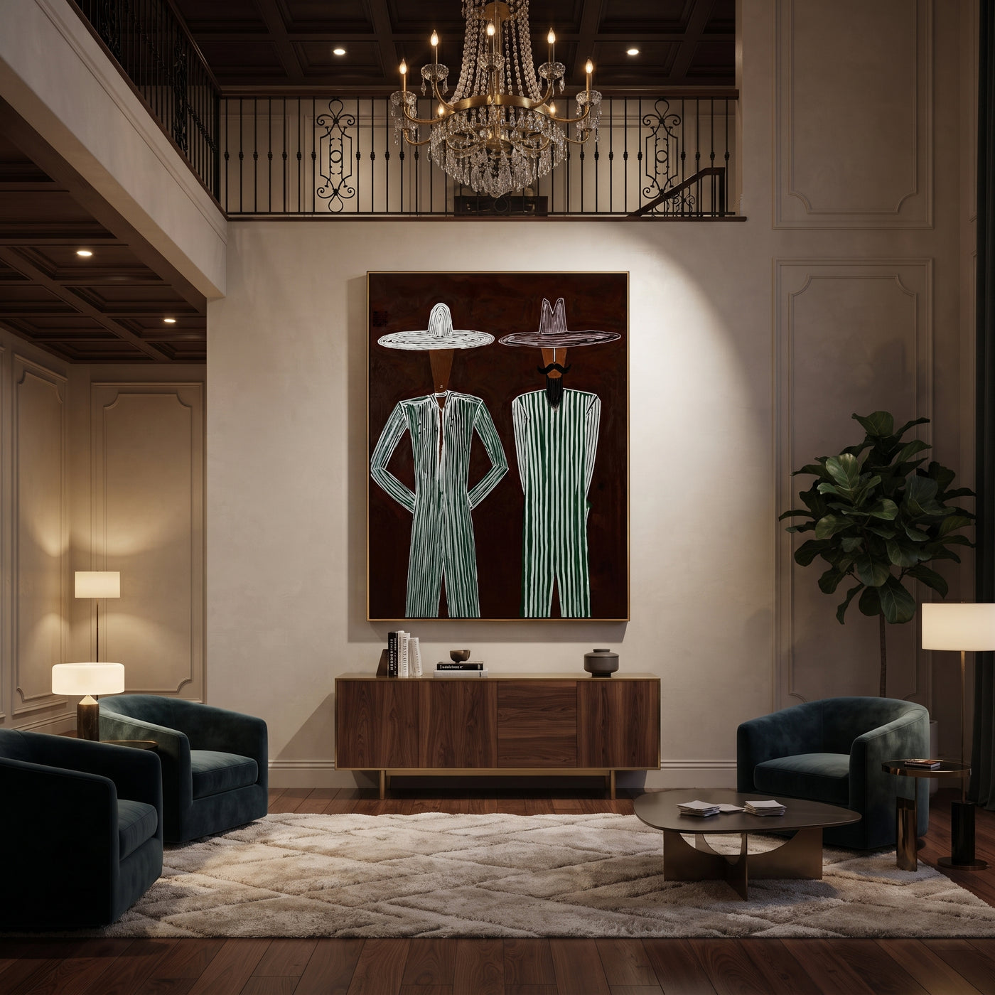 Green Stripes Stand Apart - green stripe standing pair painting by Adrian Lee, mid-century modern vertical wall art – styled room scene view 3