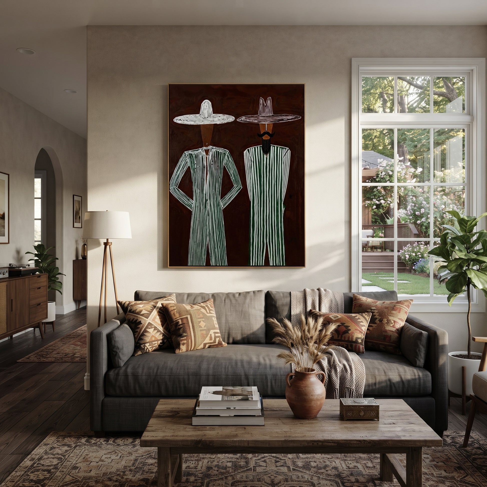 Green Stripes Stand Apart - green stripe standing pair painting by Adrian Lee, mid-century modern vertical wall art – styled room scene view 4