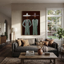 Green Stripes Stand Apart - green stripe standing pair painting by Adrian Lee, mid-century modern vertical wall art – styled room scene view 4
