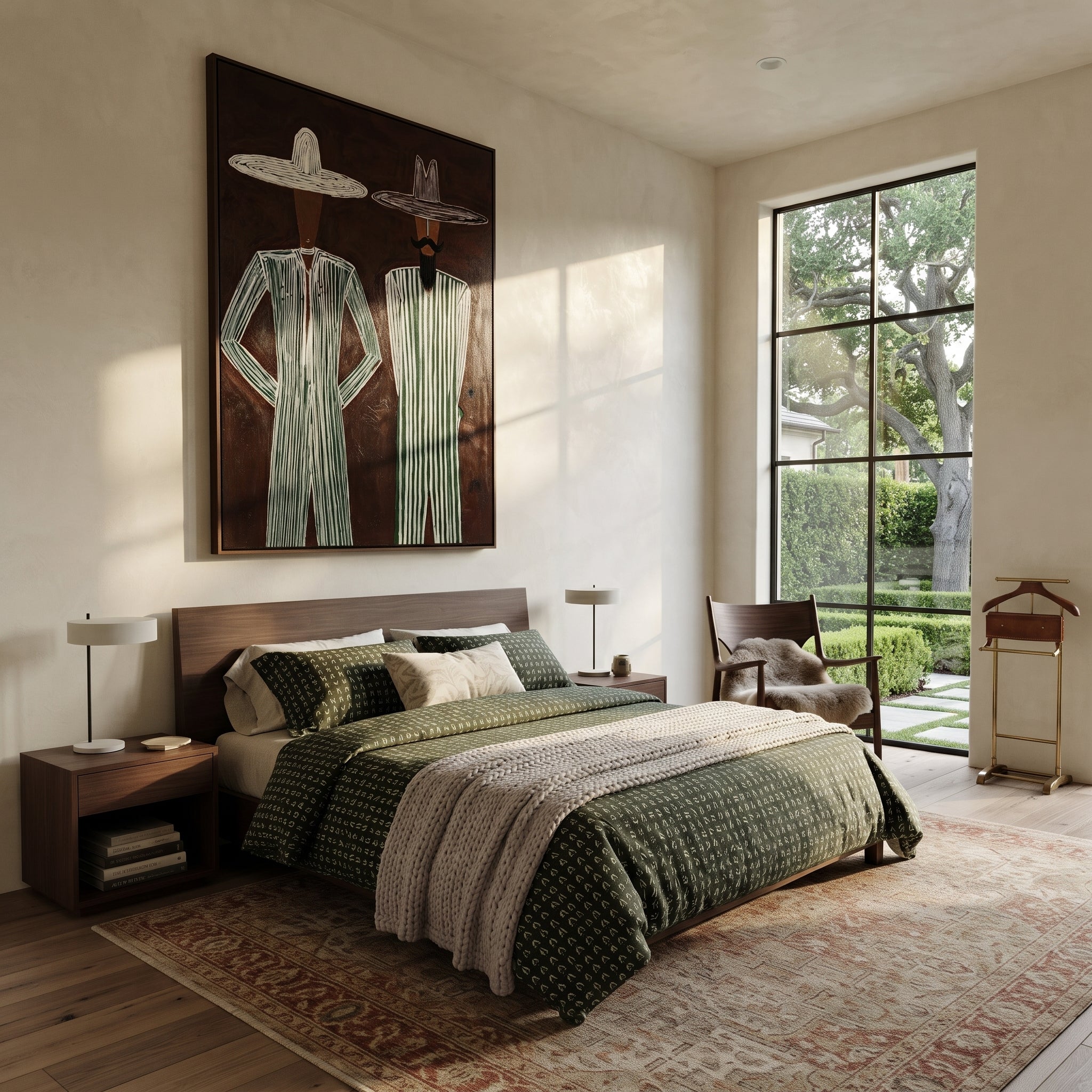 Green Stripes Stand Apart - green stripe standing pair painting by Adrian Lee, mid-century modern vertical wall art – styled room scene view 5