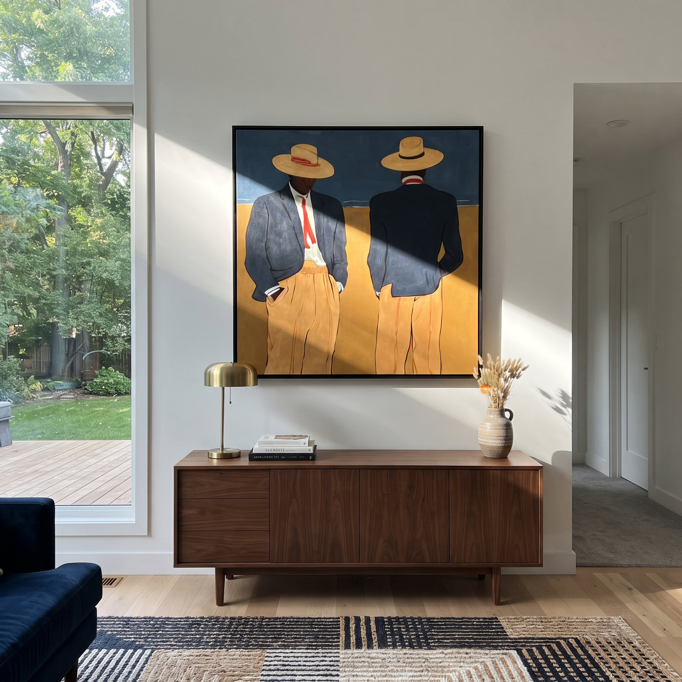 Blue Jackets Turn Away - blue jacket figure pair painting by Adrian Lee, mid-century modern square wall art – styled room scene view 1