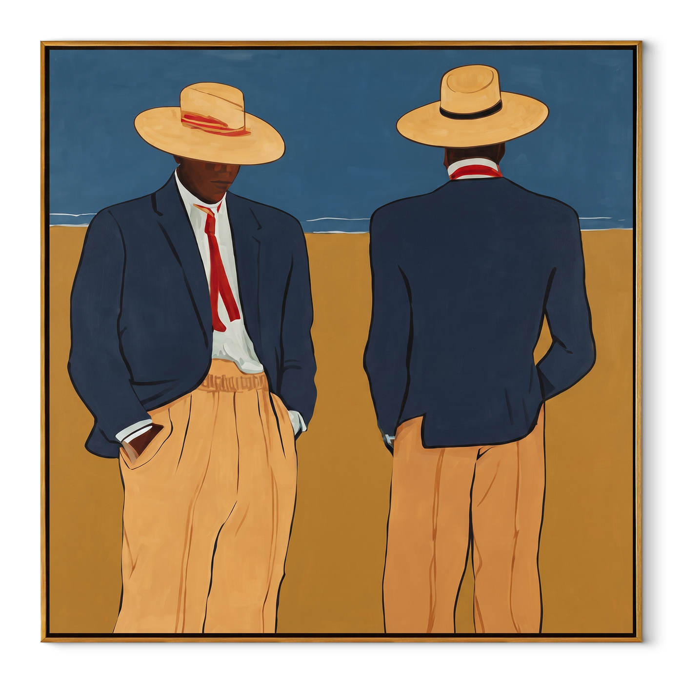 Blue Jackets Turn Away - blue jacket figure pair painting by Adrian Lee, mid-century modern square wall art – wood frame on white background