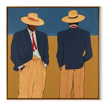 Blue Jackets Turn Away - blue jacket figure pair painting by Adrian Lee, mid-century modern square wall art – wood frame on white background