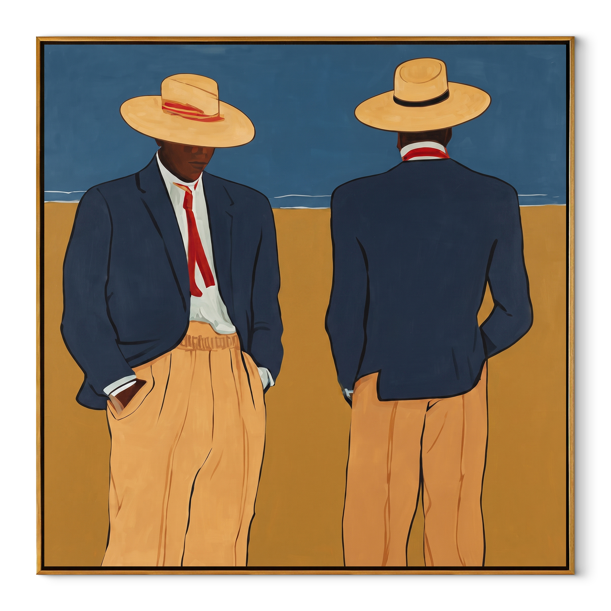 Blue Jackets Turn Away - blue jacket figure pair painting by Adrian Lee, mid-century modern square wall art – wood frame on white background