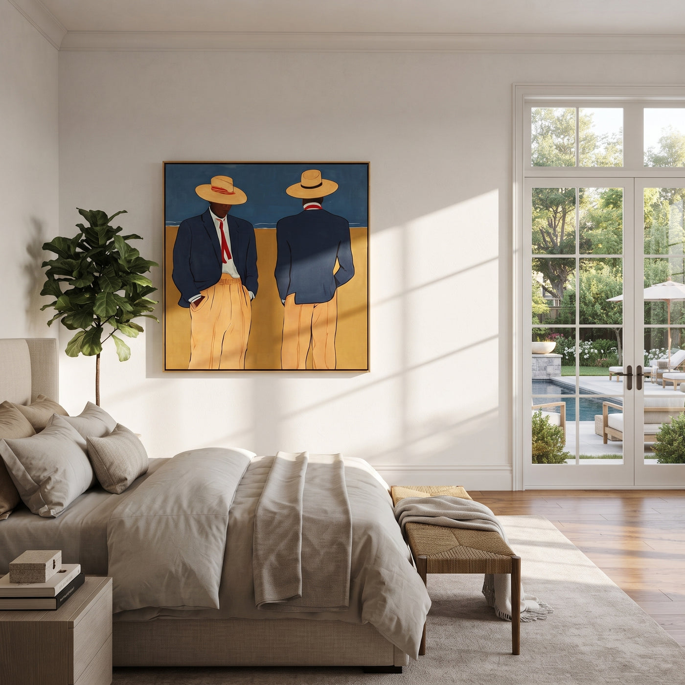 Blue Jackets Turn Away - blue jacket figure pair painting by Adrian Lee, mid-century modern square wall art – styled room scene view 2
