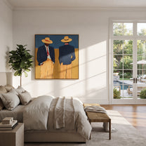 Blue Jackets Turn Away - blue jacket figure pair painting by Adrian Lee, mid-century modern square wall art – styled room scene view 2