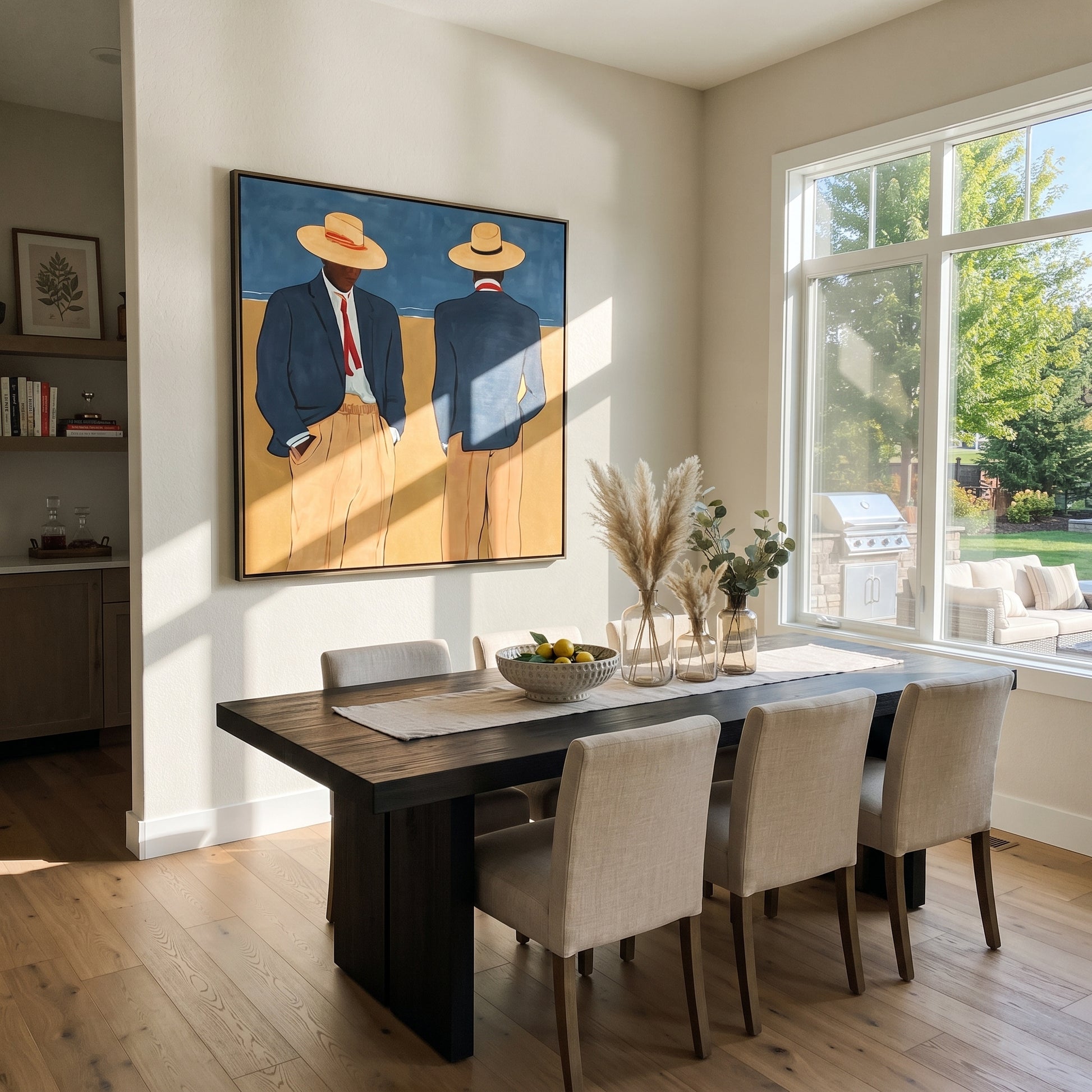 Blue Jackets Turn Away - blue jacket figure pair painting by Adrian Lee, mid-century modern square wall art – styled room scene view 3