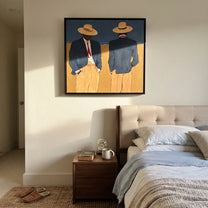 Blue Jackets Turn Away - blue jacket figure pair painting by Adrian Lee, mid-century modern square wall art – styled room scene view 4