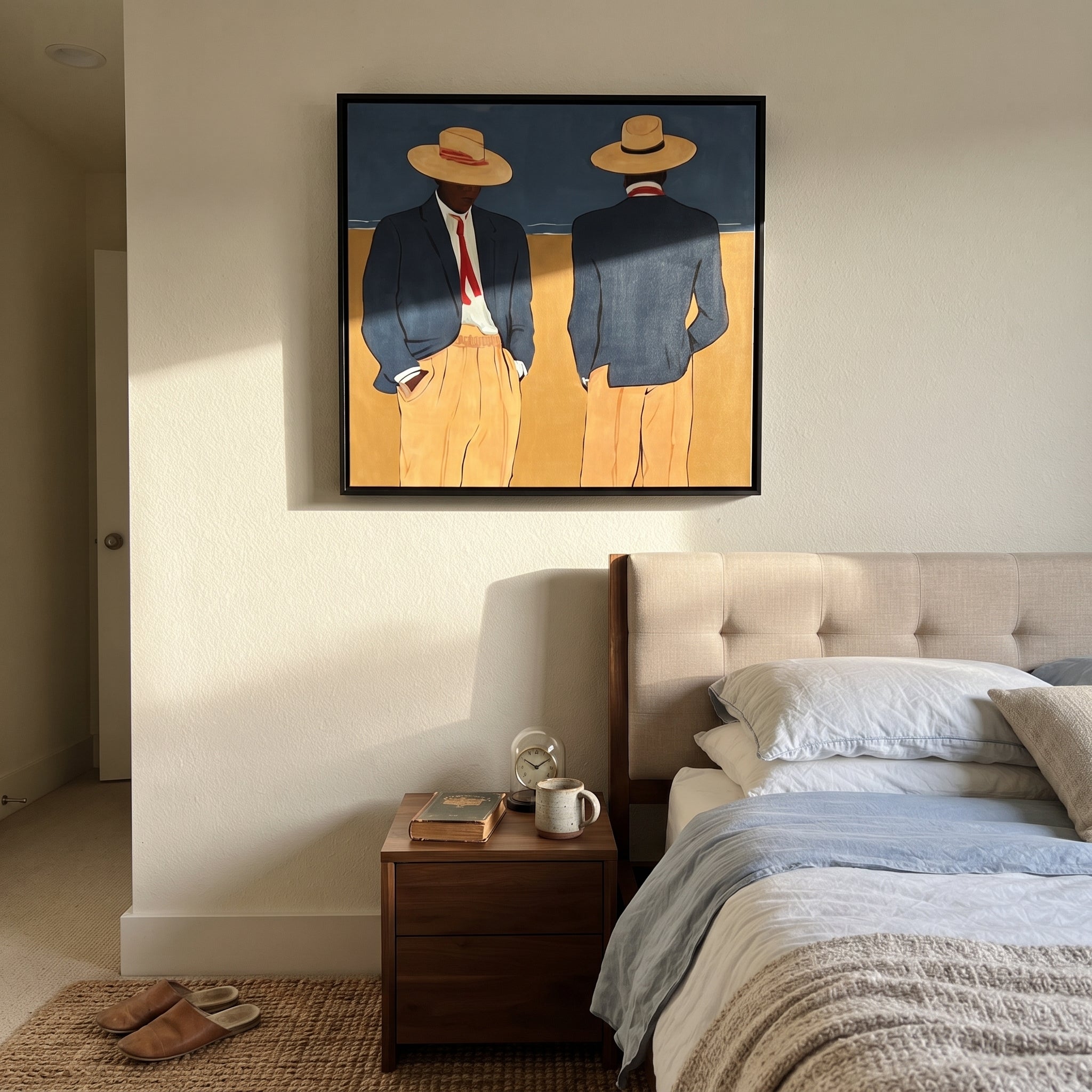 Blue Jackets Turn Away - blue jacket figure pair painting by Adrian Lee, mid-century modern square wall art – styled room scene view 4