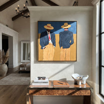 Blue Jackets Turn Away - blue jacket figure pair painting by Adrian Lee, mid-century modern square wall art – styled room scene view 5