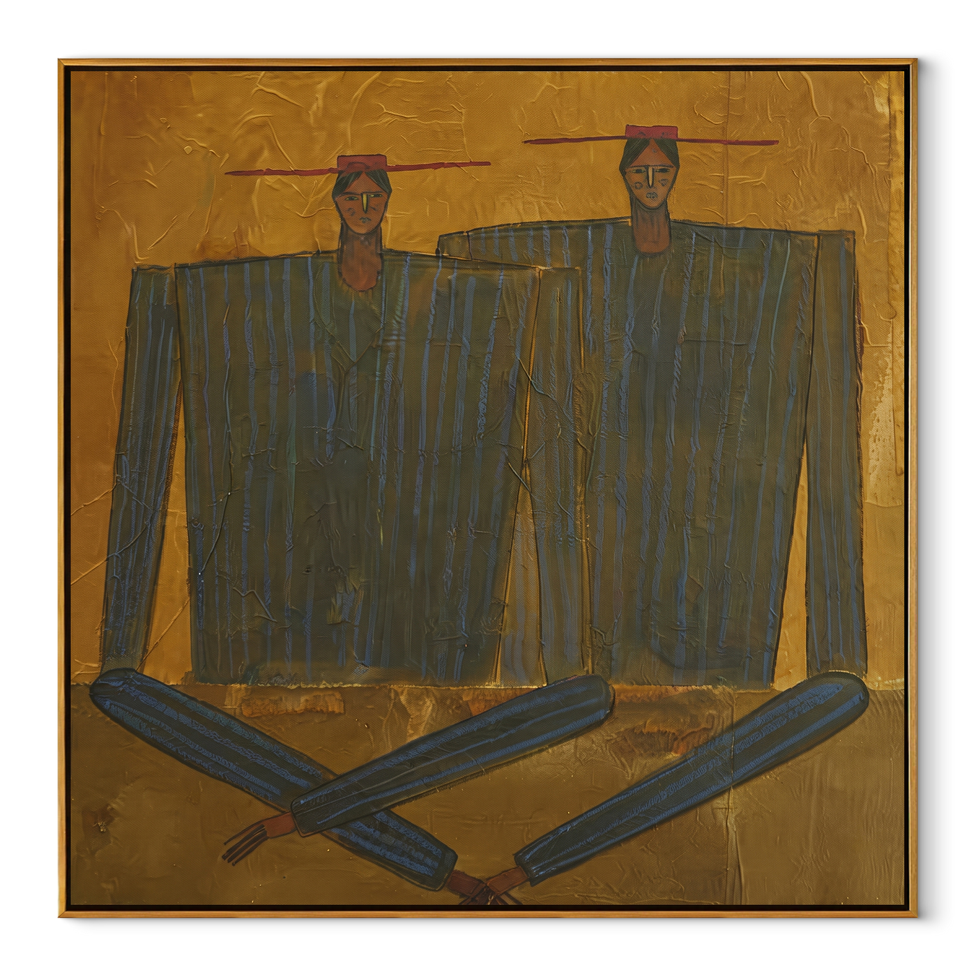 Dark Coats Cross Gold - abstract dark coat pair painting by Adrian Lee, mid-century modern square wall art – wood frame on white background