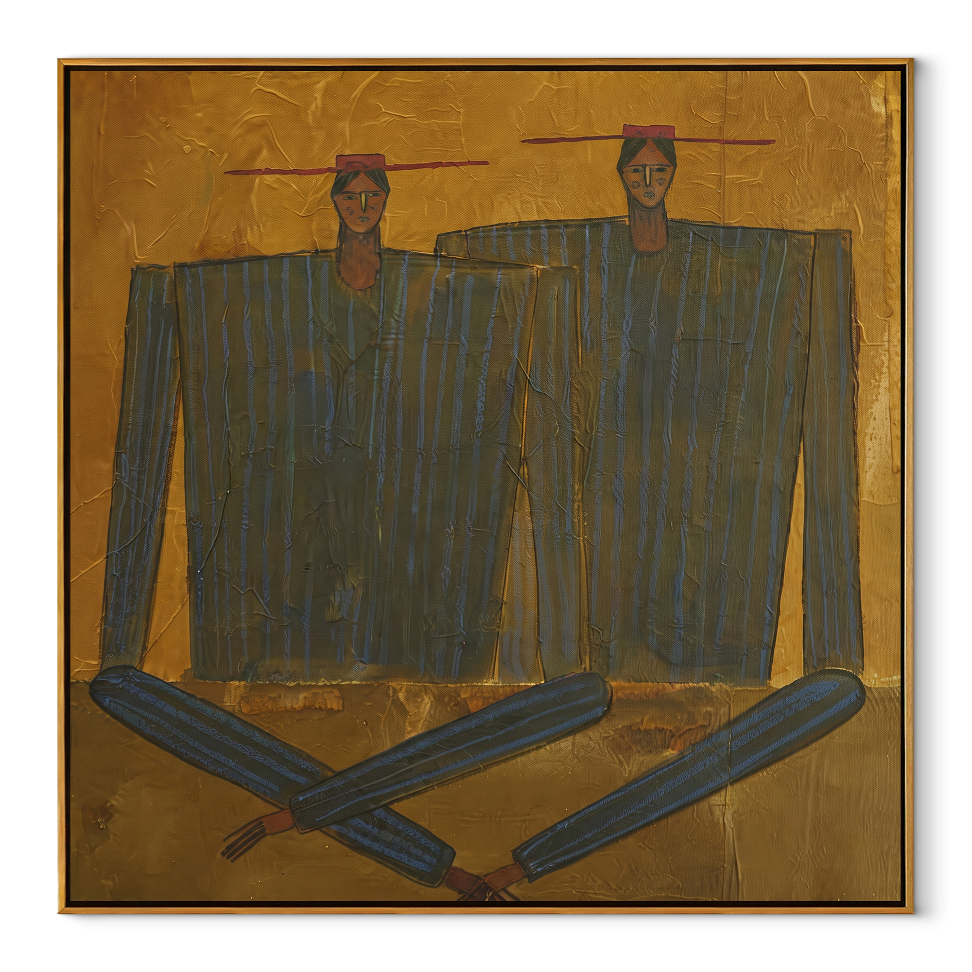 Dark Coats Cross Gold - abstract dark coat pair painting by Adrian Lee, mid-century modern square wall art – wood frame on white background