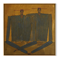 Dark Coats Cross Gold - abstract dark coat pair painting by Adrian Lee, mid-century modern square wall art – wood frame on white background