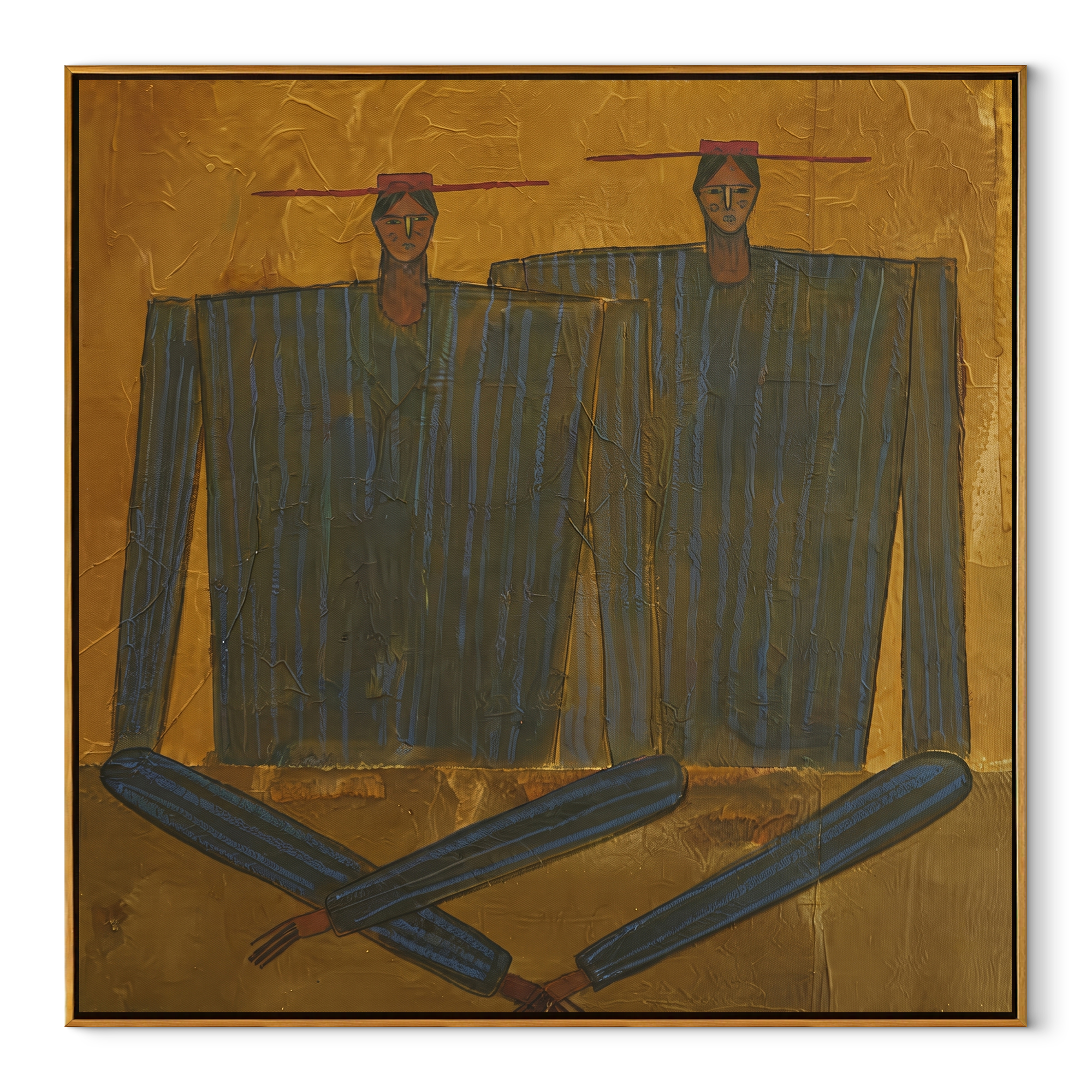 Dark Coats Cross Gold - abstract dark coat pair painting by Adrian Lee, mid-century modern square wall art – wood frame on white background