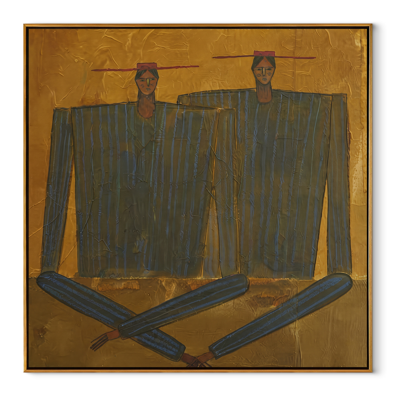Dark Coats Cross Gold - Abstract Dark Coat Pair Painting | Mid-Century Modern Square Wall Art