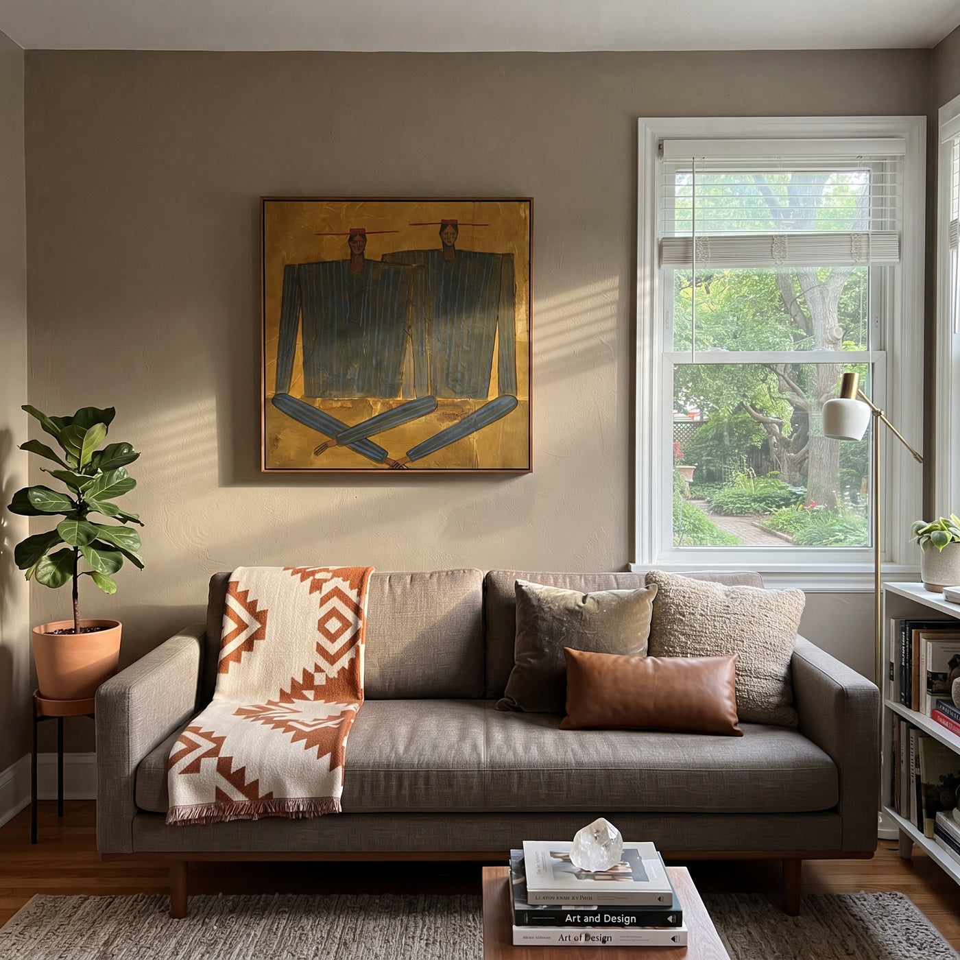 Dark Coats Cross Gold - abstract dark coat pair painting by Adrian Lee, mid-century modern square wall art – styled room scene view 2