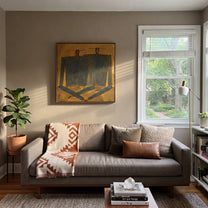 Dark Coats Cross Gold - abstract dark coat pair painting by Adrian Lee, mid-century modern square wall art – styled room scene view 2