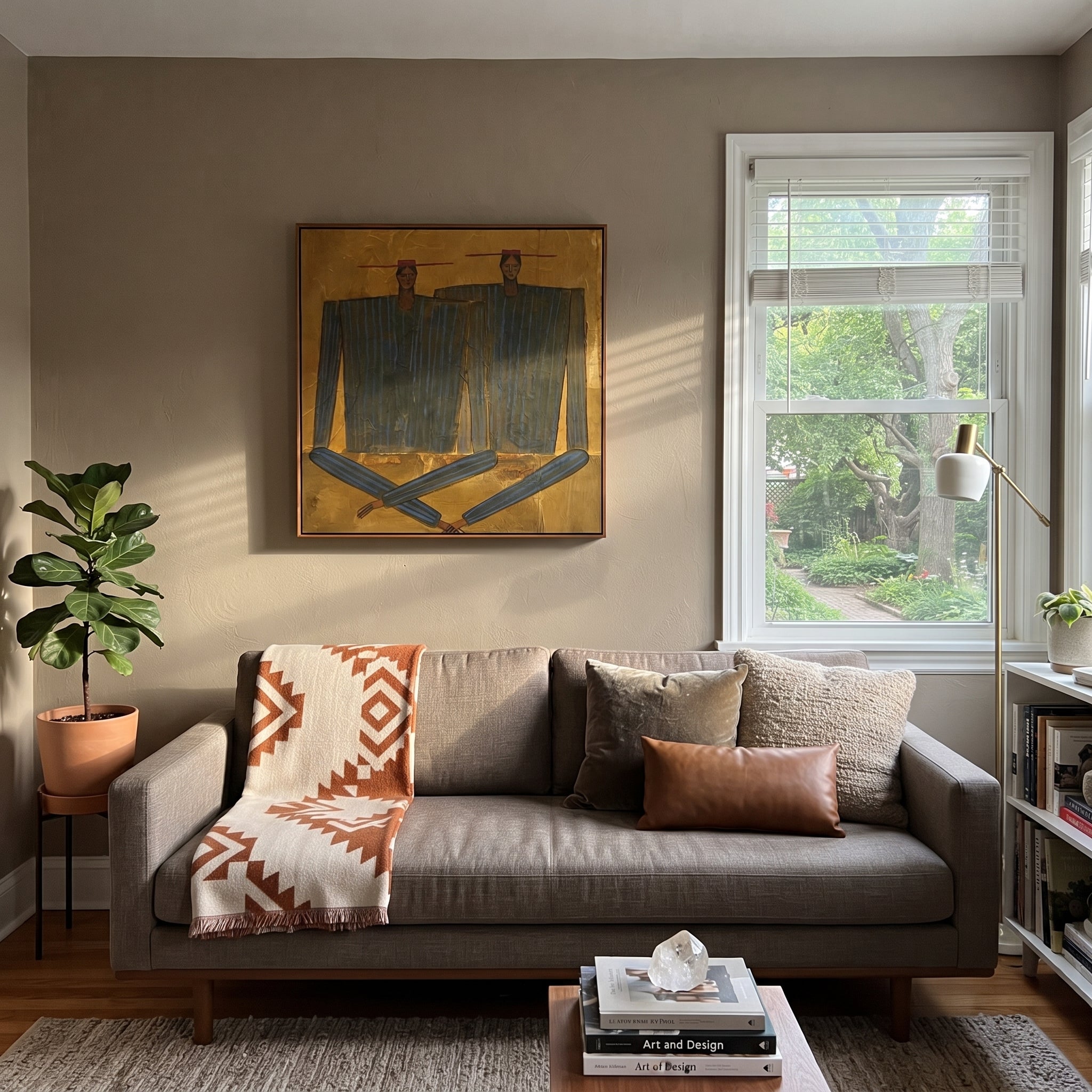 Dark Coats Cross Gold - abstract dark coat pair painting by Adrian Lee, mid-century modern square wall art – styled room scene view 2