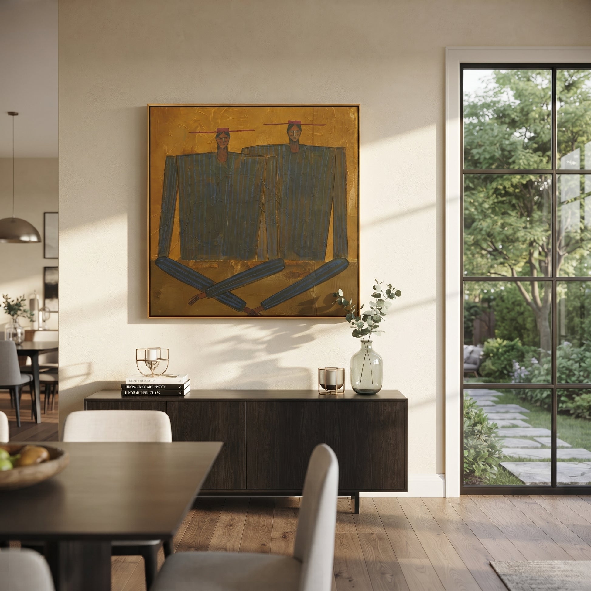 Dark Coats Cross Gold - abstract dark coat pair painting by Adrian Lee, mid-century modern square wall art – styled room scene view 3