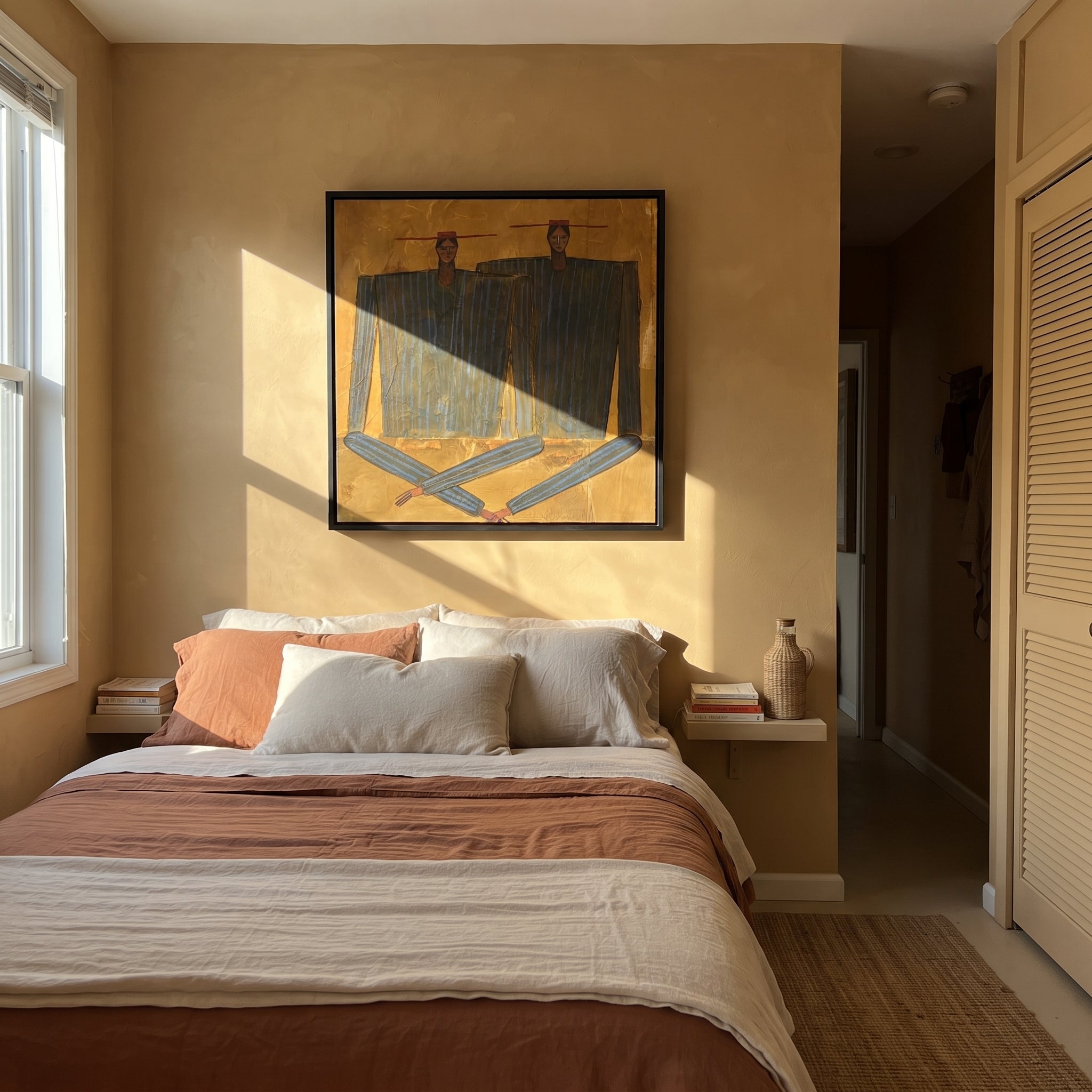 Dark Coats Cross Gold - abstract dark coat pair painting by Adrian Lee, mid-century modern square wall art – styled room scene view 4