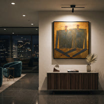 Dark Coats Cross Gold - abstract dark coat pair painting by Adrian Lee, mid-century modern square wall art – styled room scene view 5