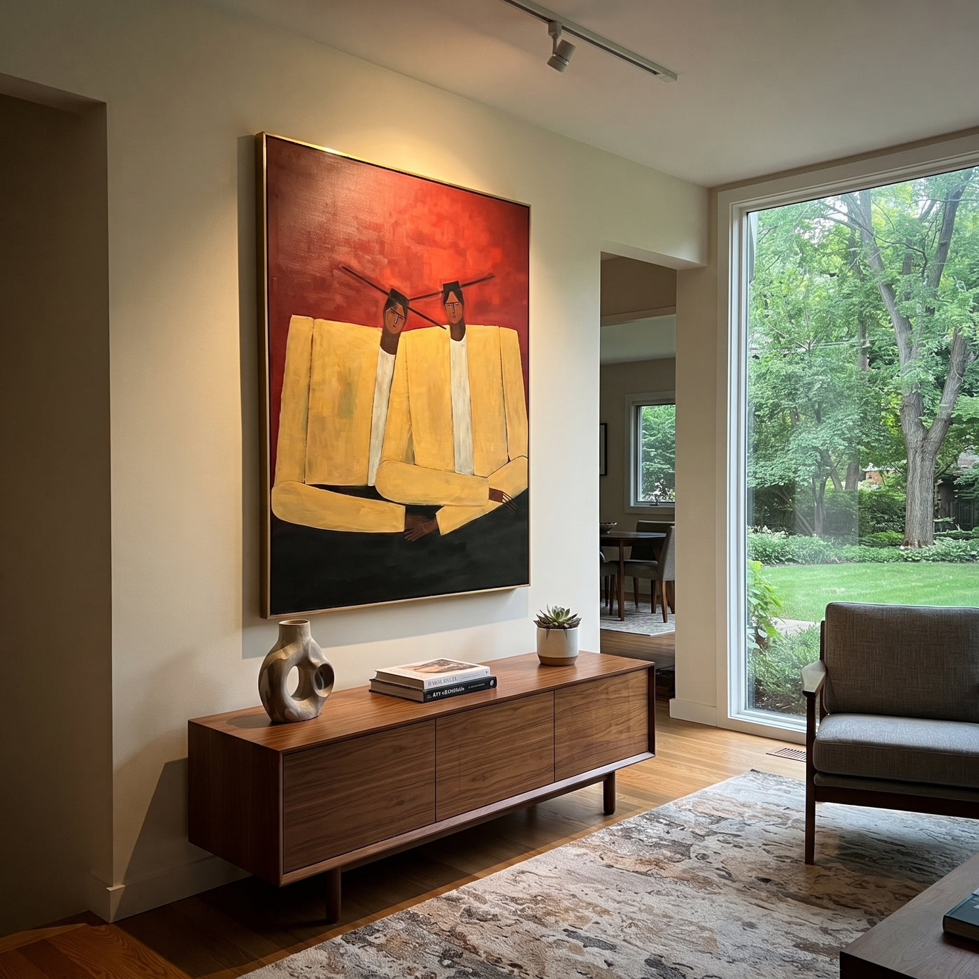 Ivory Shoulders Lean Together - ivory seated figure pair painting by Adrian Lee, mid-century modern vertical wall art – styled room scene view 1
