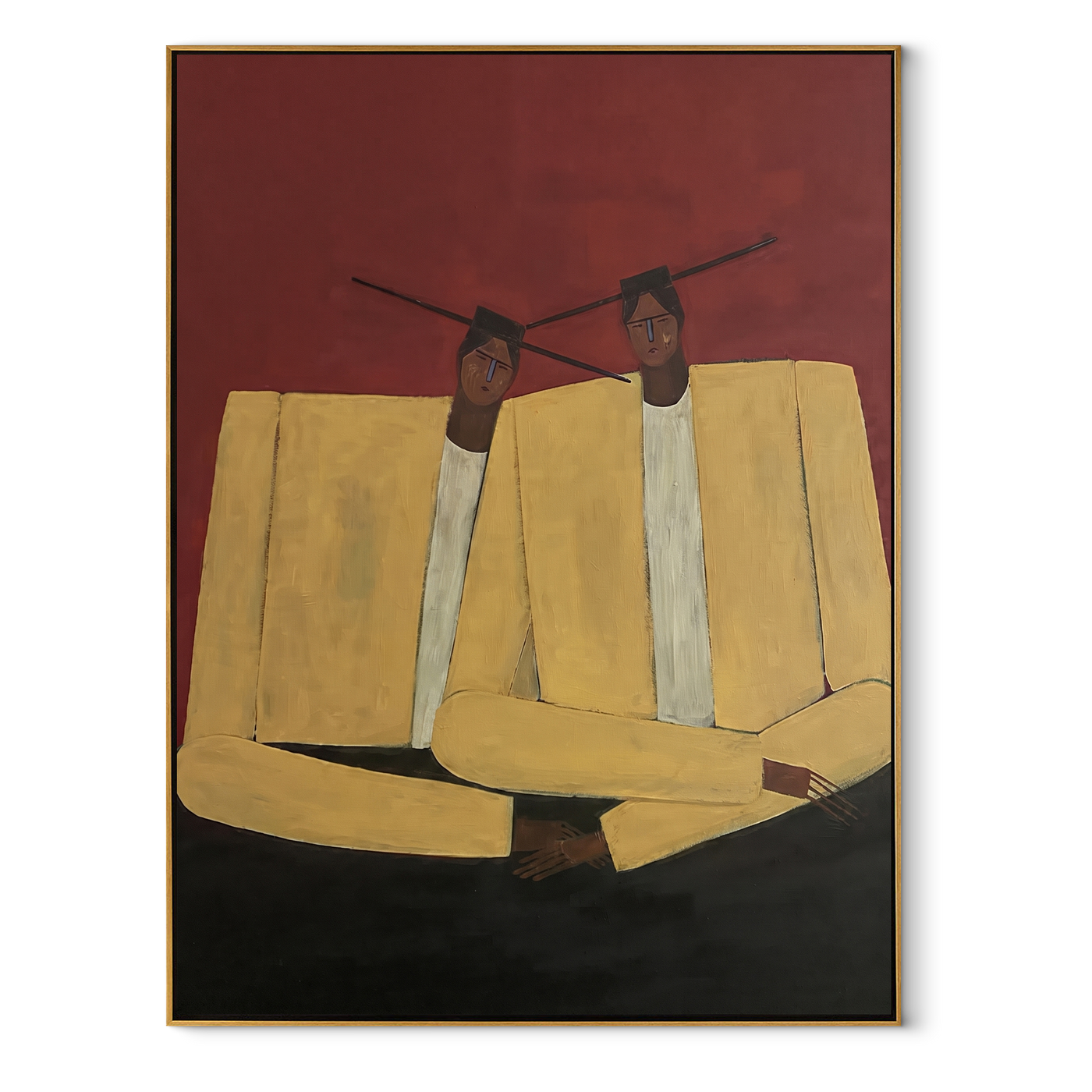 Ivory Shoulders Lean Together - ivory seated figure pair painting by Adrian Lee, mid-century modern vertical wall art – wood frame on white background