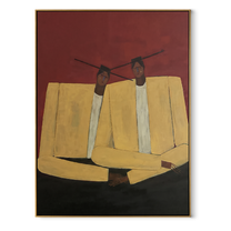 Ivory Shoulders Lean Together - ivory seated figure pair painting by Adrian Lee, mid-century modern vertical wall art – wood frame on white background