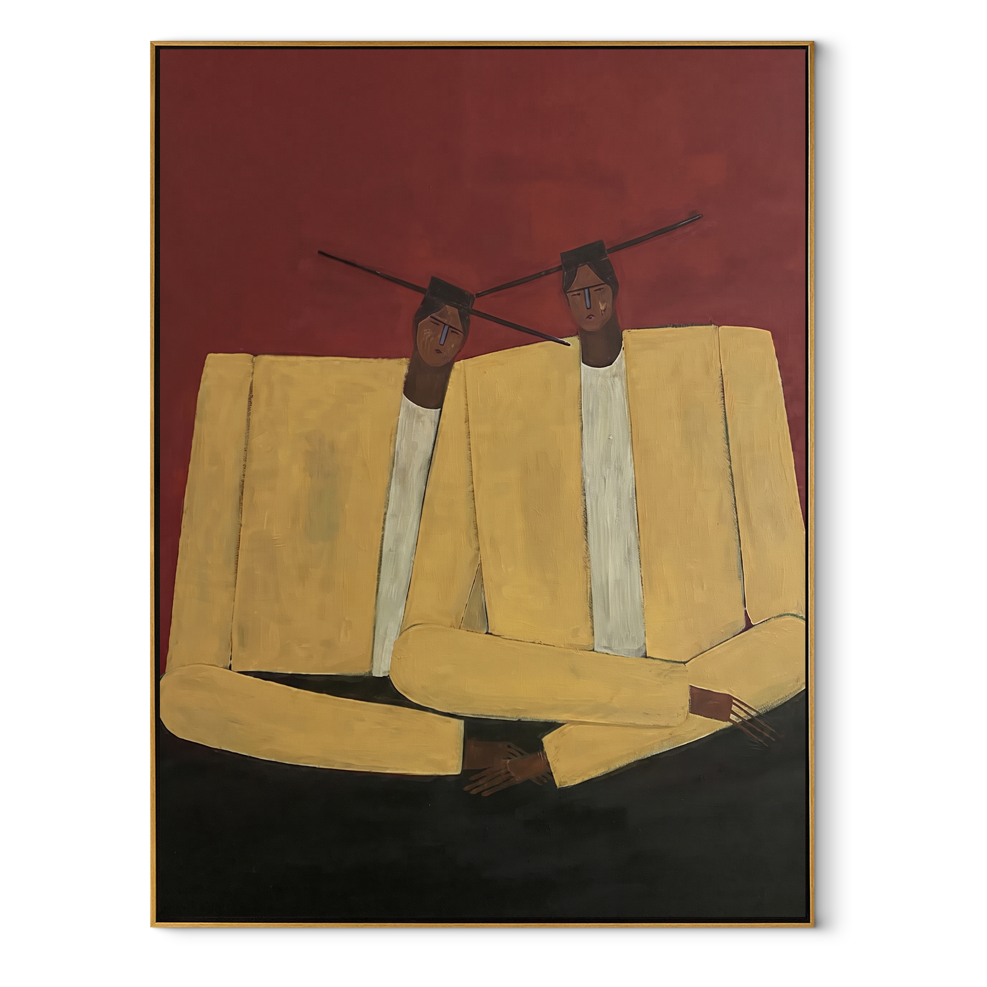 Ivory Shoulders Lean Together - ivory seated figure pair painting by Adrian Lee, mid-century modern vertical wall art – wood frame on white background