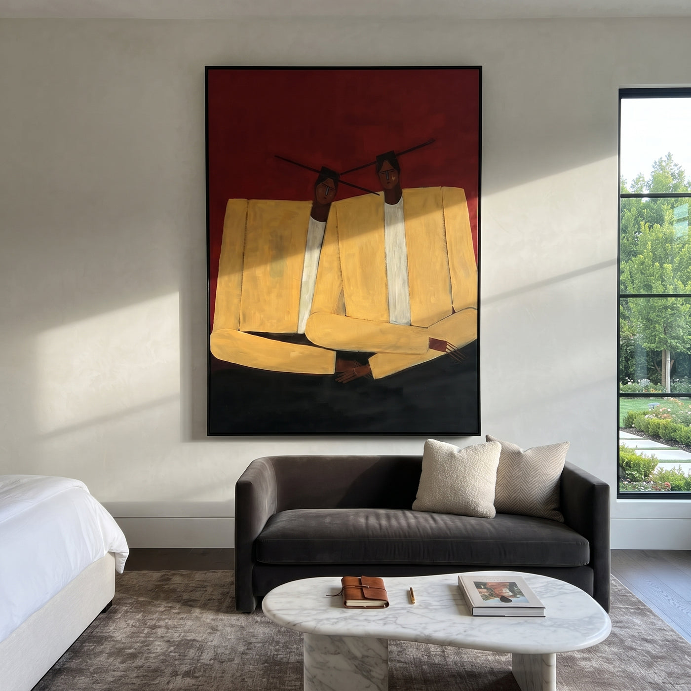 Ivory Shoulders Lean Together - ivory seated figure pair painting by Adrian Lee, mid-century modern vertical wall art – styled room scene view 3