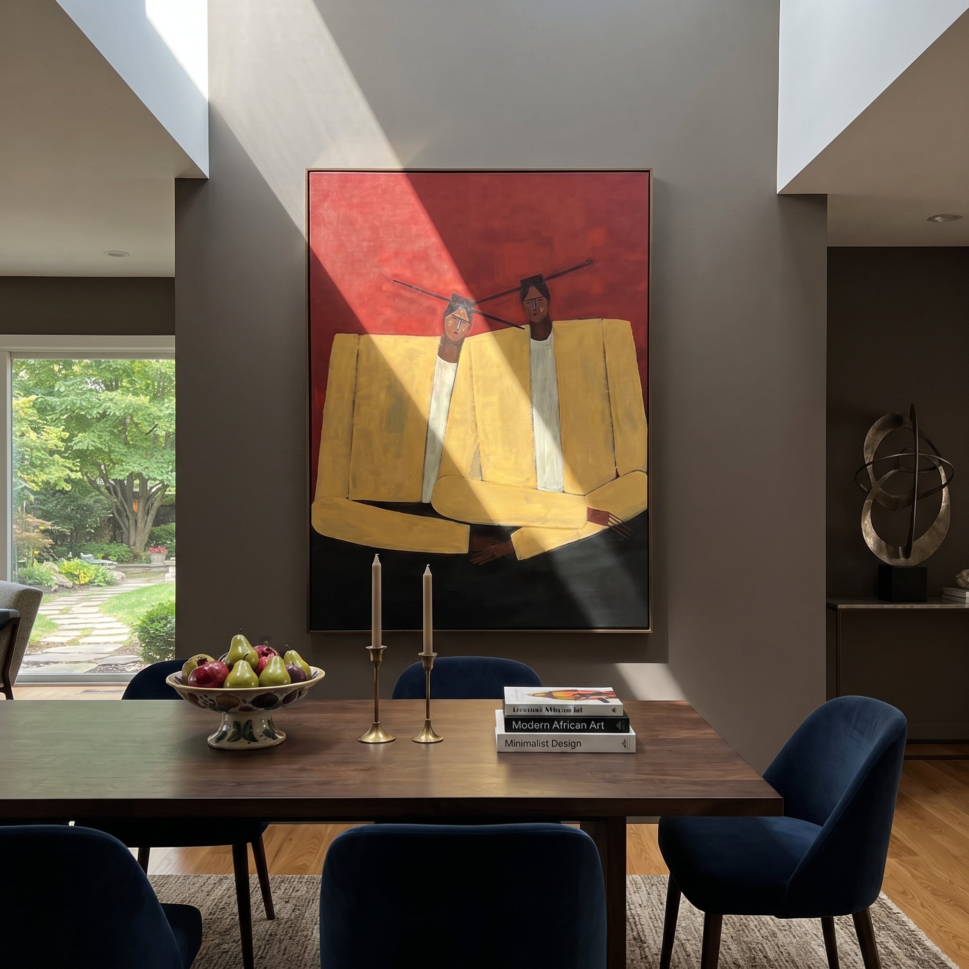 Ivory Shoulders Lean Together - ivory seated figure pair painting by Adrian Lee, mid-century modern vertical wall art – styled room scene view 4