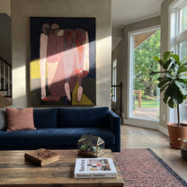 Rose Figures Gather Midnight - rose figurative group painting by Adrian Lee, mid-century modern vertical wall art – styled room scene view 1