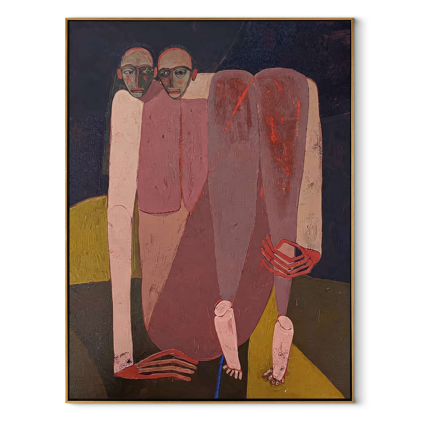 Rose Figures Gather Midnight - rose figurative group painting by Adrian Lee, mid-century modern vertical wall art – wood frame on white background