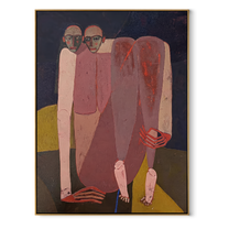 Rose Figures Gather Midnight - rose figurative group painting by Adrian Lee, mid-century modern vertical wall art – wood frame on white background