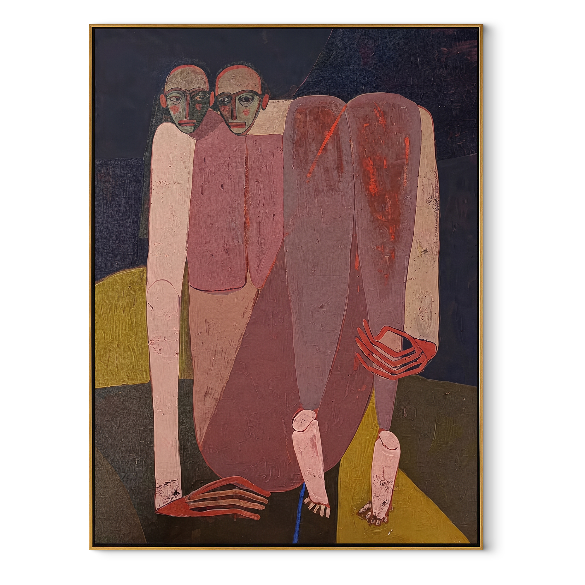 Rose Figures Gather Midnight - rose figurative group painting by Adrian Lee, mid-century modern vertical wall art – wood frame on white background