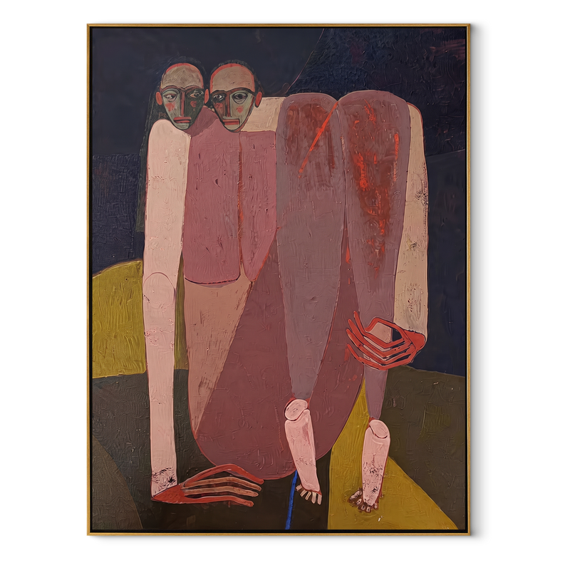 Rose Figures Gather Midnight - Rose Figurative Group Painting | Mid-Century Modern Vertical Wall Art