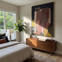Rose Figures Gather Midnight - rose figurative group painting by Adrian Lee, mid-century modern vertical wall art – styled room scene view 2