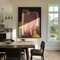 Rose Figures Gather Midnight - rose figurative group painting by Adrian Lee, mid-century modern vertical wall art – styled room scene view 3