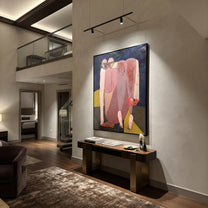 Rose Figures Gather Midnight - rose figurative group painting by Adrian Lee, mid-century modern vertical wall art – styled room scene view 4
