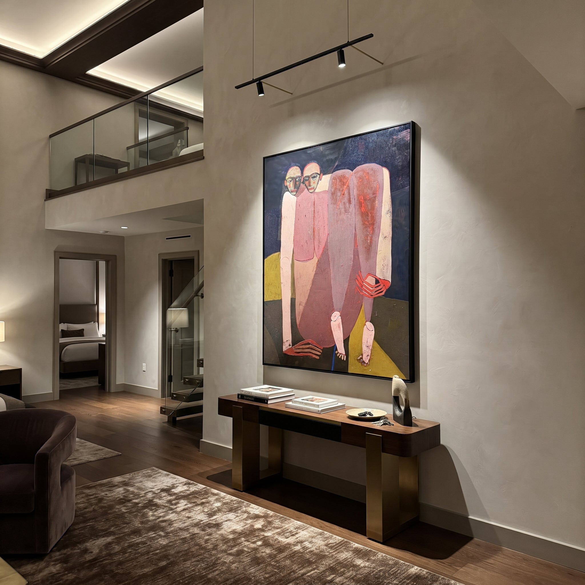 Rose Figures Gather Midnight - rose figurative group painting by Adrian Lee, mid-century modern vertical wall art – styled room scene view 4