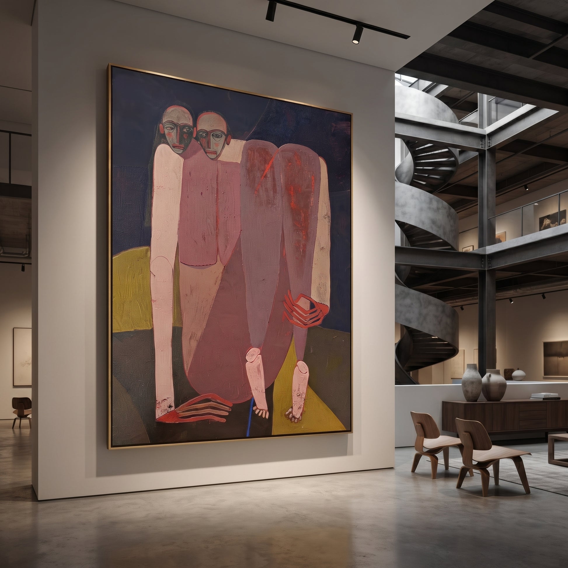 Rose Figures Gather Midnight - rose figurative group painting by Adrian Lee, mid-century modern vertical wall art – styled room scene view 5