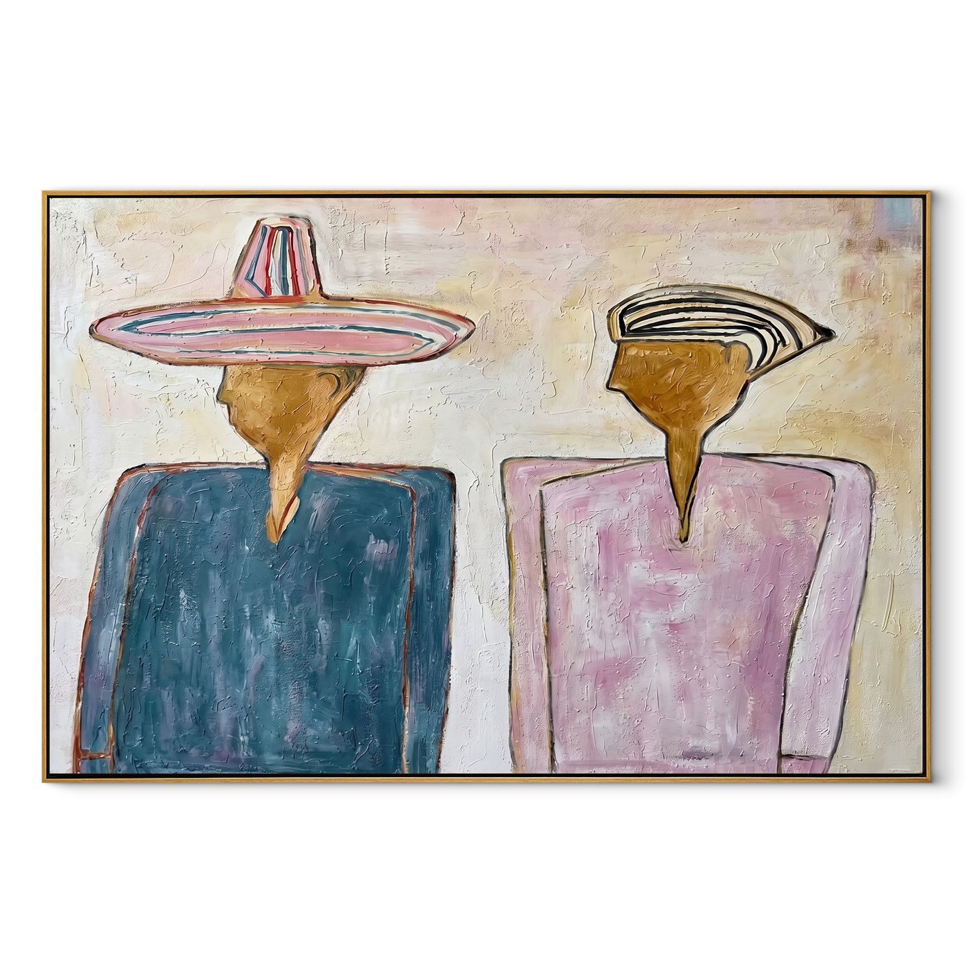 Two Silhouettes Hold Space – Blue Pink Figures Painting | Modern Figurative Horizontal Wall Art