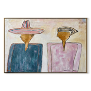 Two Silhouettes Hold Space – Blue Pink Figures Painting | Modern Figurative Horizontal Wall Art