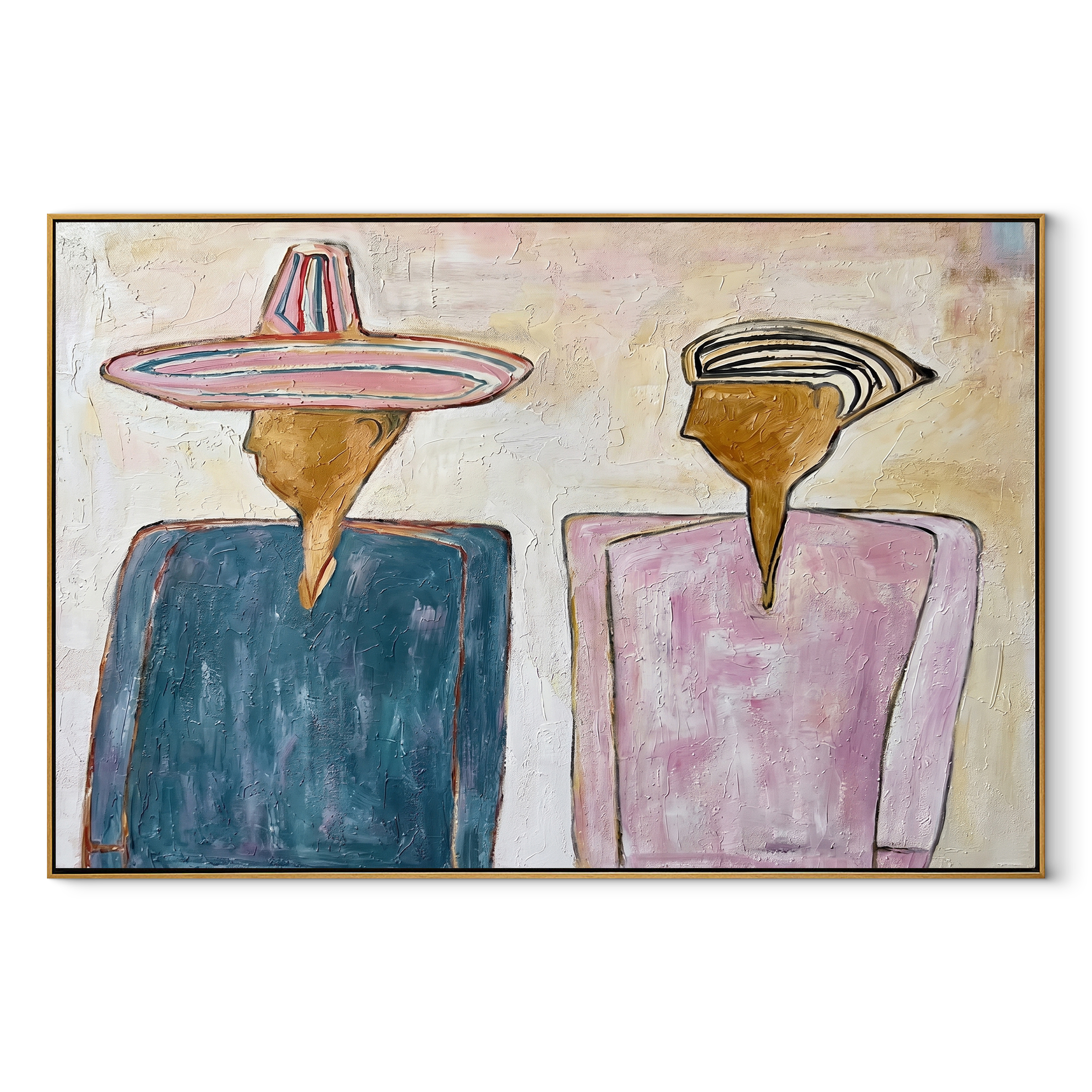 Two Silhouettes Hold Space – Blue Pink Figures Painting | Modern Figurative Horizontal Wall Art