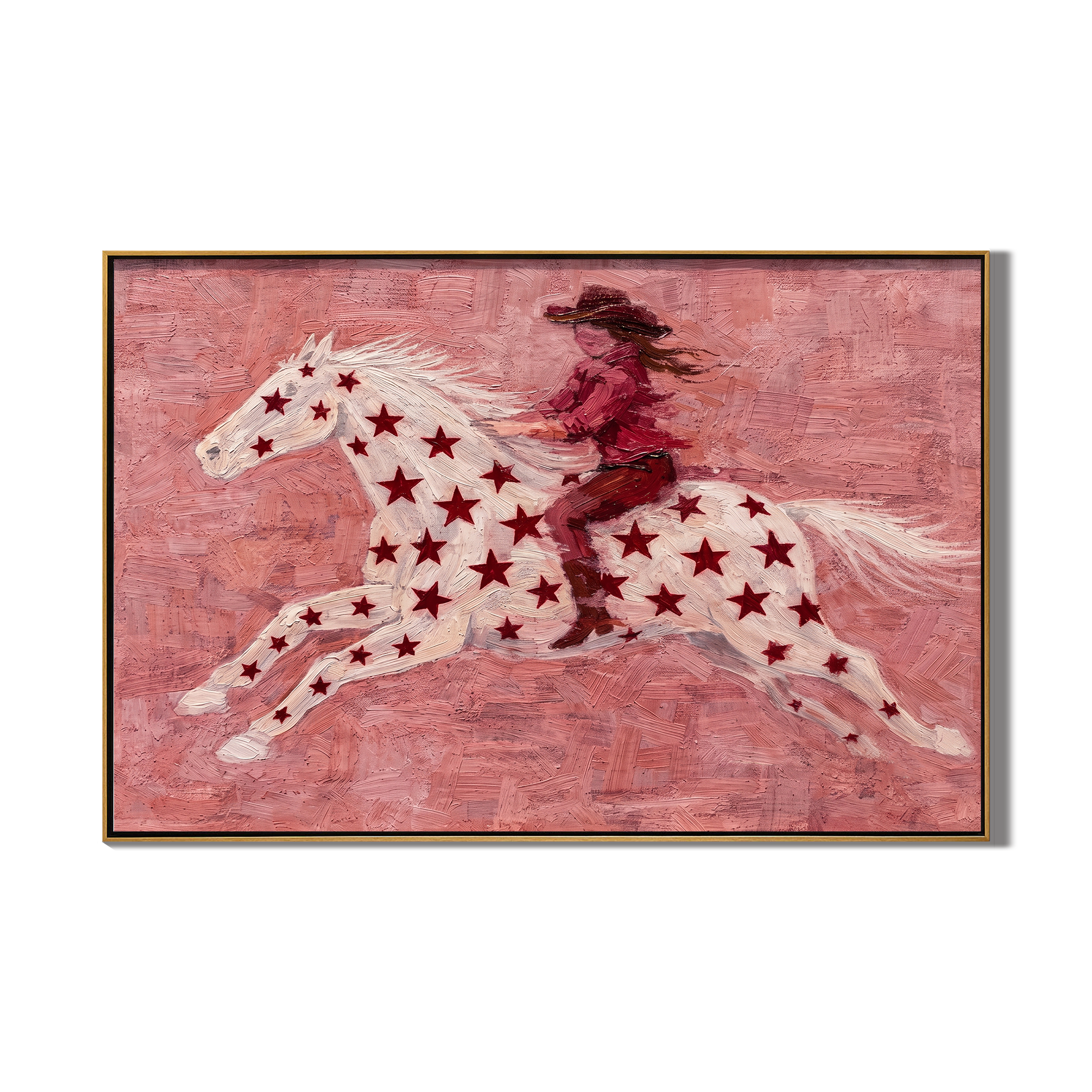 Pink Stars Spur Gallop – Whimsical Pink Star-Spangled Horse & Rider Painting | Playful Western Ranch Art