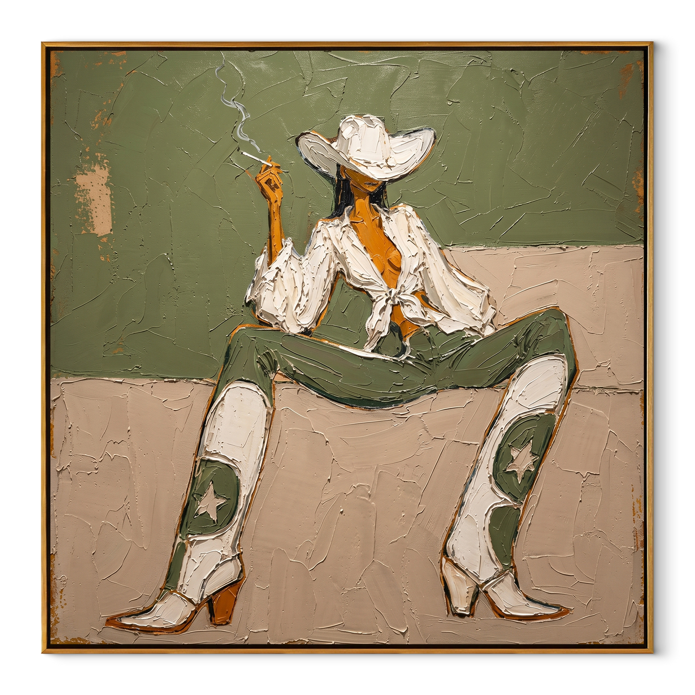 White Boots Hold Ground – Green Cowgirl Painting | Retro Modern Square Wall Art
