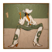 White Boots Hold Ground – Green Cowgirl Painting | Retro Modern Square Wall Art