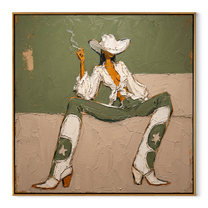 White Boots Hold Ground – Green Cowgirl Painting | Retro Modern Square Wall Art